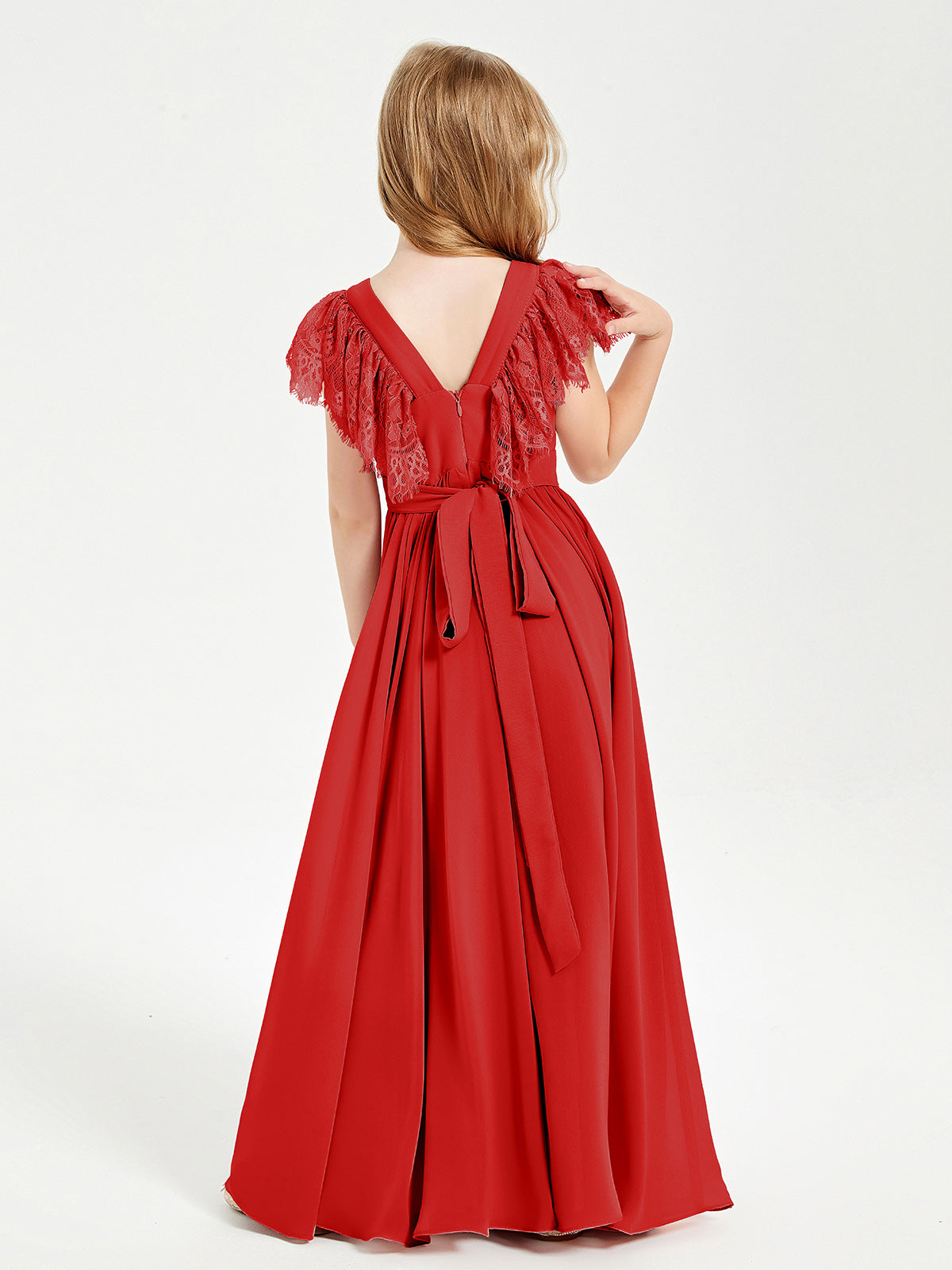 Chiffon Junior Bridesmaid Dresses with Lace Flutter Sleeves Red
